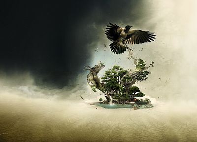 dragons, oasis, crows - desktop wallpaper