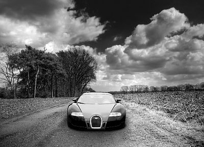 clouds, cars, Bugatti Veyron, Bugatti, monochrome, greyscale - desktop wallpaper