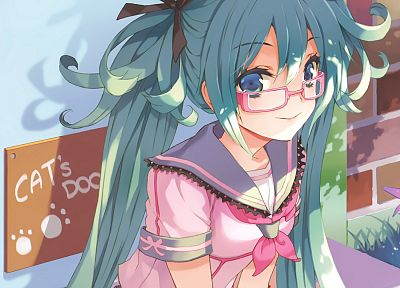 Vocaloid, Hatsune Miku, glasses, smiling, meganekko, anime girls - desktop wallpaper