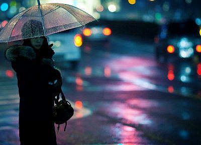 women, cityscapes, rain, outdoors, traffic lights, bokeh, umbrellas - desktop wallpaper