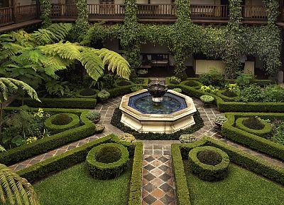 garden, geometry, courtyard, hotels, bushes, fountain - desktop wallpaper
