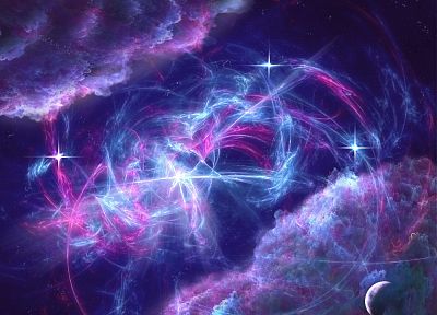 blue, clouds, outer space, stars, pink, planets, purple - desktop wallpaper