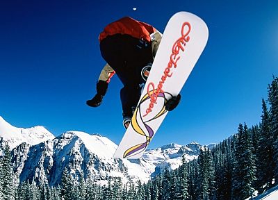 mountains, winter, snow, trees, sports, jumping, snowboarding, snowboard - desktop wallpaper
