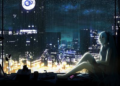 Vocaloid, night, rain, Hatsune Miku, aqua hair, anime girls, cities, rain on glass - random desktop wallpaper