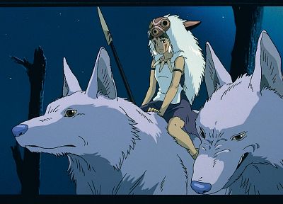 Hayao Miyazaki, Princess Mononoke, Studio Ghibli, anime, spears, wolves, San (Princess Mononoke) - random desktop wallpaper