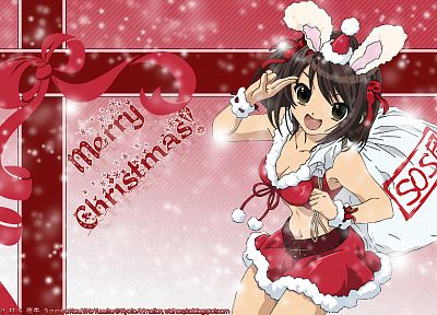 The Melancholy of Haruhi Suzumiya, Christmas, animal ears, Christmas outfits, Santa outfit, Suzumiya Haruhi - desktop wallpaper