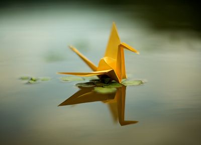origami, yellow, ponds, sepia, cranes - desktop wallpaper