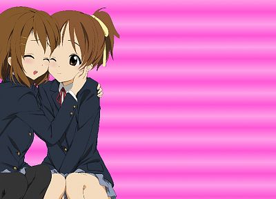 brunettes, K-ON!, pink, school uniforms, brown eyes, Hirasawa Yui, anime, anime girls, Hirasawa Ui - related desktop wallpaper