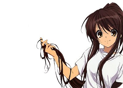 brunettes, women, The Melancholy of Haruhi Suzumiya, anime, simple background, white background - desktop wallpaper