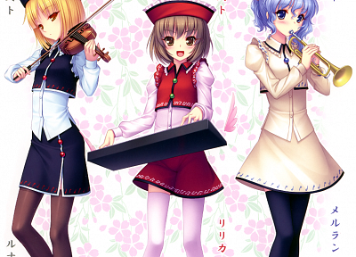 brunettes, blondes, video games, Touhou, music, flowers, text, blue eyes, keyboards, skirts, Japanese, brown eyes, blue hair, violins, short hair, thigh highs, yellow eyes, instruments, trumpets, smiling, blush, sisters, open mouth, kanji, vertical, hats, - related desktop wallpaper