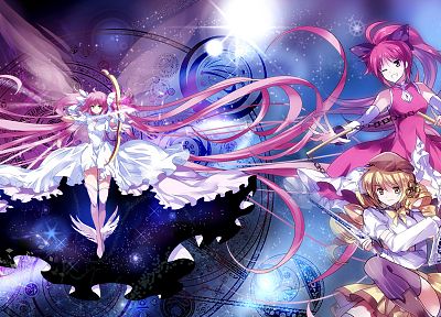 guns, pink hair, Mahou Shoujo Madoka Magica, Sakura Kyouko, Tomoe Mami, Kaname Madoka, anime, anime girls - random desktop wallpaper