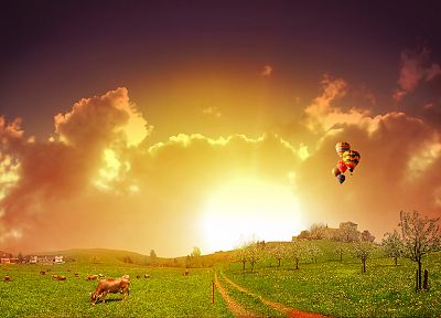 clouds, landscapes, nature, balloons, photo manipulation - random desktop wallpaper