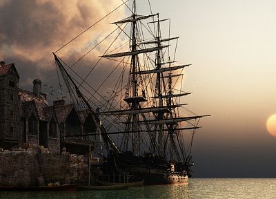 sunset, ocean, ships, sail ship, sails - related desktop wallpaper