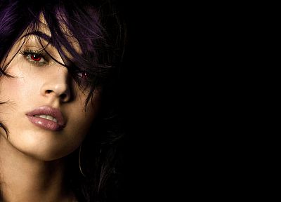 women, Megan Fox, lips, purple hair, red eyes, artwork, photo manipulation, black background, portraits - random desktop wallpaper