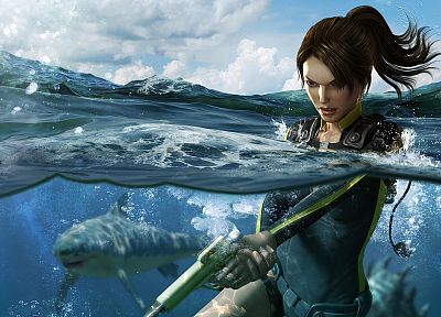 ocean, Lara Croft, sharks, ponytails, Tomb Raider: Underworld, split-view - random desktop wallpaper