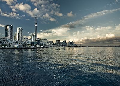 water, clouds, cityscapes, Canada, Toronto, Harbor, bay, CN Tower, harbours, Lake Ontario - random desktop wallpaper