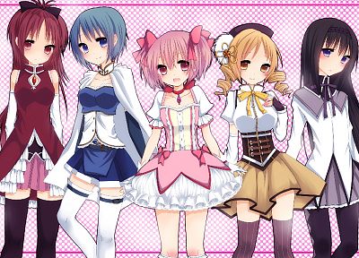 skirts, groups, Mahou Shoujo Madoka Magica, Miki Sayaka, Sakura Kyouko, Tomoe Mami, Kaname Madoka, anime, Akemi Homura, anime girls - random desktop wallpaper
