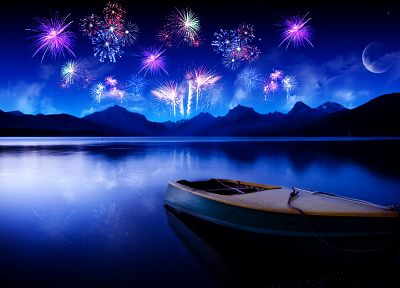 fireworks, ships, vehicles, lakes, photo manipulation - related desktop wallpaper