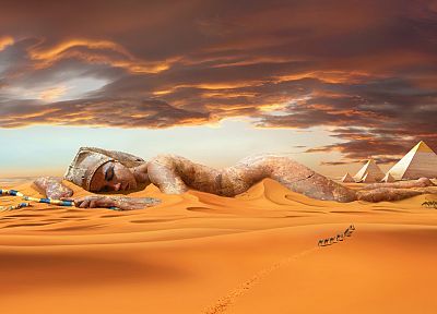 deserts, camels, Egyptian, digital art, pyramids - desktop wallpaper