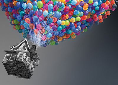 Pixar, artistic, multicolor, houses, Up (movie), balloons, selective coloring, skyscapes - desktop wallpaper