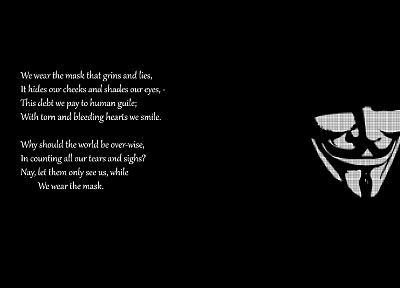 quotes, masks, Guy Fawkes, black background - desktop wallpaper