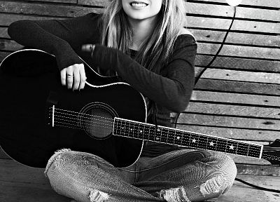 women, Avril Lavigne, guitars, monochrome, greyscale - desktop wallpaper