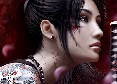 tattoos, women, katana, koi, Mario Wibisono, swords - desktop wallpaper