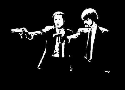 black and white, Pulp Fiction, Samuel L. Jackson, John Travolta, black background - desktop wallpaper