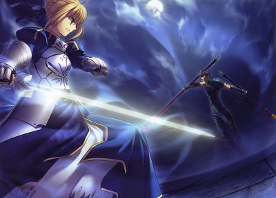 blondes, Fate/Stay Night, weapons, Type-Moon, Saber, Fate/Hollow Ataraxia, Lancer (Fate/stay night), Fate series - related desktop wallpaper