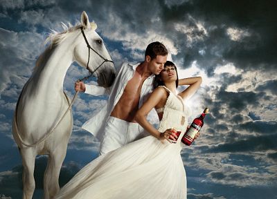 clouds, Eva Mendes, horses, Campari - desktop wallpaper