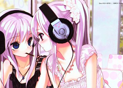 headphones, blue eyes, pink hair, red eyes, anime, anime girls - desktop wallpaper