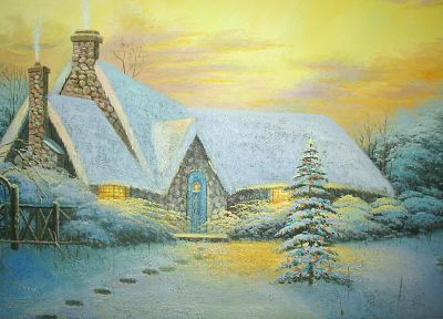 winter, snow, trees, houses, Christmas - desktop wallpaper