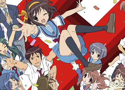 school uniforms, Asahina Mikuru, Nagato Yuki, The Melancholy of Haruhi Suzumiya, anime, Suzumiya Haruhi, knee socks - random desktop wallpaper