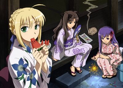 Fate/Stay Night, Tohsaka Rin, Saber, Matou Sakura, Japanese clothes, Fate series - related desktop wallpaper