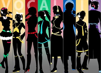 Vocaloid, Hatsune Miku, silhouettes, Megurine Luka, Kaito (Vocaloid), Kagamine Rin, Kagamine Len, anime boys, Megpoid Gumi, Meiko, anime girls, Kamui Gakupo - desktop wallpaper