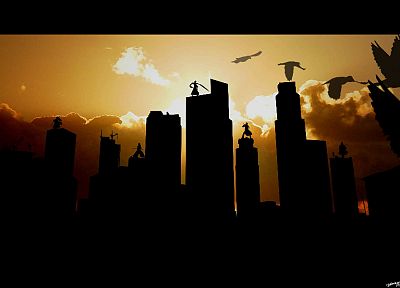 Bleach, Kurosaki Ichigo, silhouettes, Urahara Kisuke, shinigami, Abarai Renji, city skyline - random desktop wallpaper