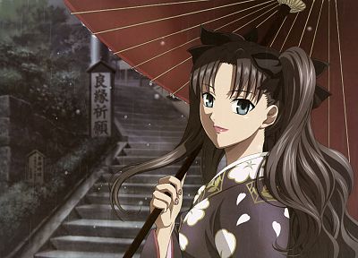 brunettes, video games, Fate/Stay Night, Tohsaka Rin, rain, blue eyes, long hair, outdoors, kimono, stairways, visual novels, twintails, bows, Type-Moon, water drops, umbrellas, Japanese clothes, anime girls, nail polish, hair ornaments, Fate series - related desktop wallpaper