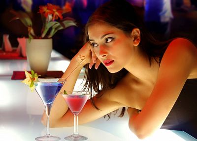 brunettes, women, bar, cocktail, leaning on elbows - duplicate desktop wallpaper