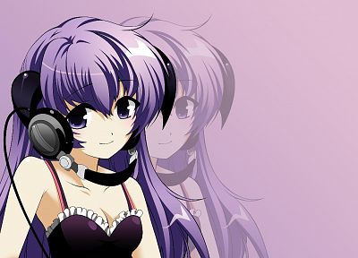 headphones, Higurashi no Naku Koro ni, simple background, bare shoulders, Furude Hanyuu - desktop wallpaper