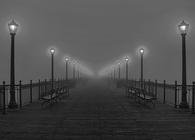 fog, piers, lamps, grayscale - random desktop wallpaper