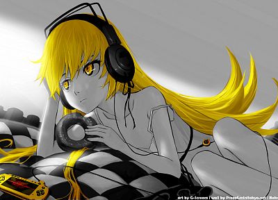 headphones, Bakemonogatari, Oshino Shinobu, selective coloring, Monogatari series - desktop wallpaper