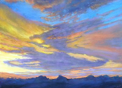 sunset, paintings, sunrise, mountains, clouds - desktop wallpaper