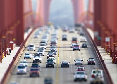 cars, bridges, Golden Gate Bridge, traffic, tilt-shift, vehicles - related desktop wallpaper