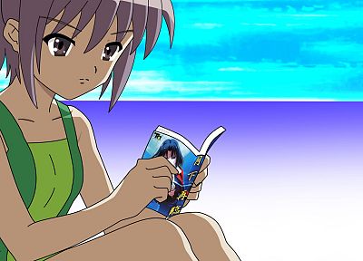 reading, Nagato Yuki, The Melancholy of Haruhi Suzumiya, anime girls, knees together - random desktop wallpaper