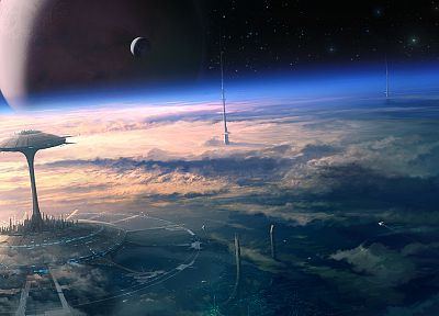 clouds, outer space, stars, futuristic, planets, atmosphere, buildings, spaceships, science fiction, vehicles, moons, Gary Tonge - related desktop wallpaper