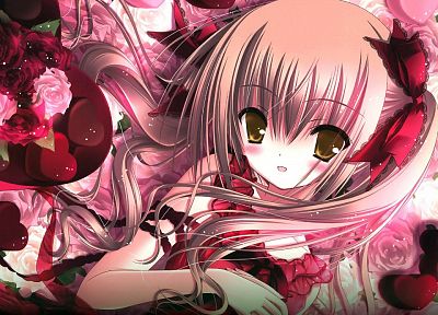 flowers, pink hair, bows, anime, golden eyes, Tinkle Illustrations, roses, anime girls - random desktop wallpaper