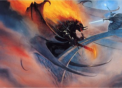 Balrog, Gandalf, The Lord of the Rings, fantasy art, artwork, The Mines of Moria, John Howe, The Fellowship of the Ring - desktop wallpaper