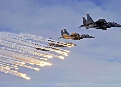 war, airplanes, flares, F-15 Eagle - related desktop wallpaper