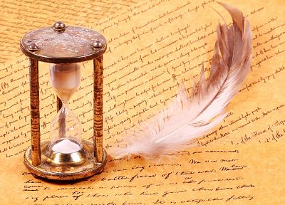 paper, feathers, hourglass, writing, time - random desktop wallpaper