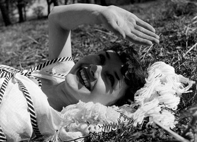grass, Audrey Hepburn, smiling, monochrome - desktop wallpaper